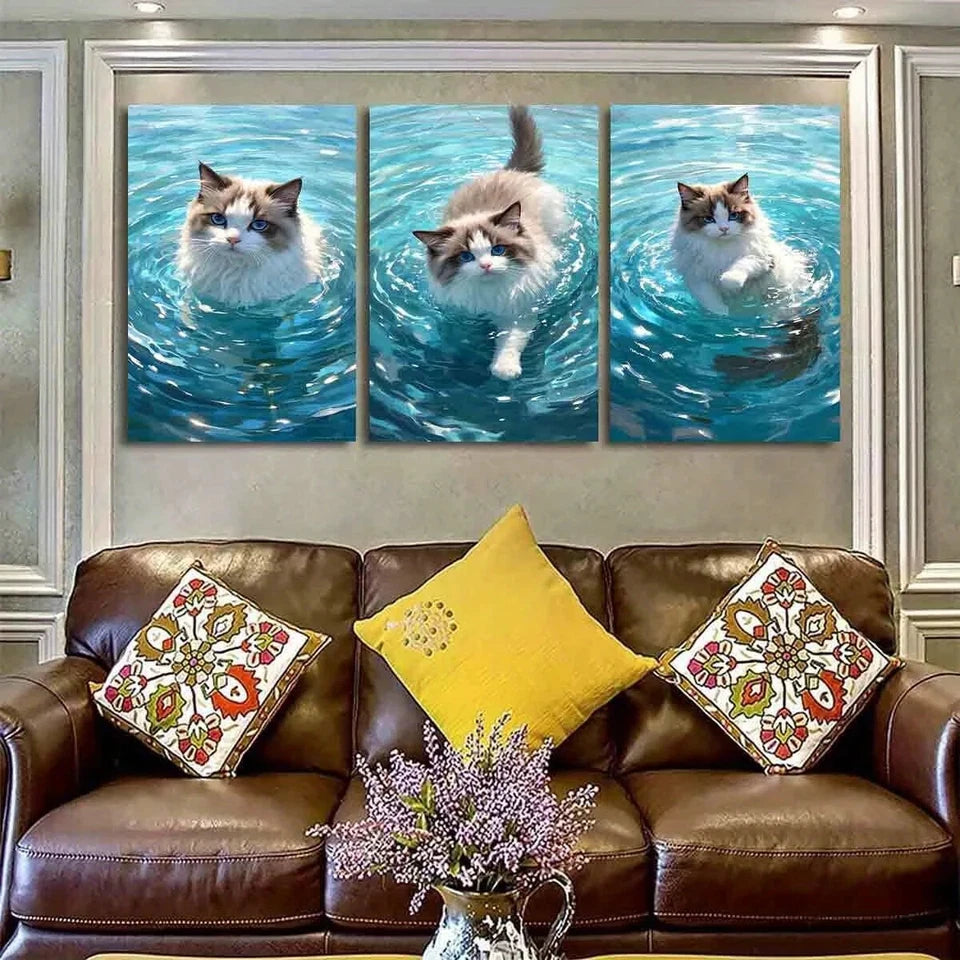 3pcs Adorable Floating Cats in Blue Water Metal Print Ready to Hang Art