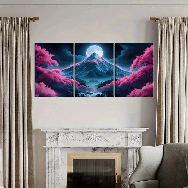 3pcs Mountain Under Full Moon Cherry Blossom Wall Art Set Canvas Framed 40x60cm - High Quality Print 100% Australian Made Wall Canvas Ready to Hang
