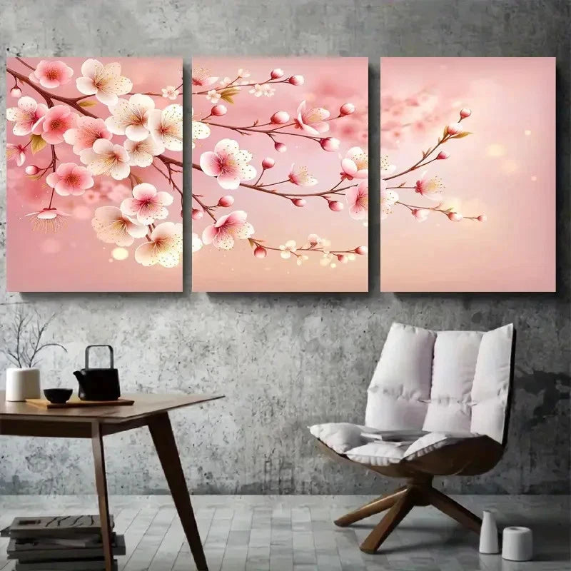 3pcs Spring Pink Cherry Blossom Wall Art Set Canvas Framed 60x90cm - High Quality Print 100% Australian Made Wall Canvas Ready to Hang