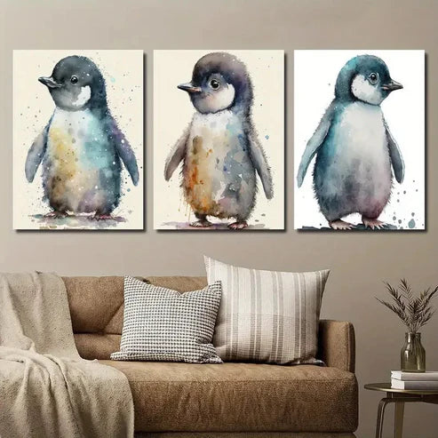 3pcs Colorful Cartoon Animal Penguin Decor Wall Art Set Canvas Unframed - High Quality Print 100% Australian Made Wall Canvas