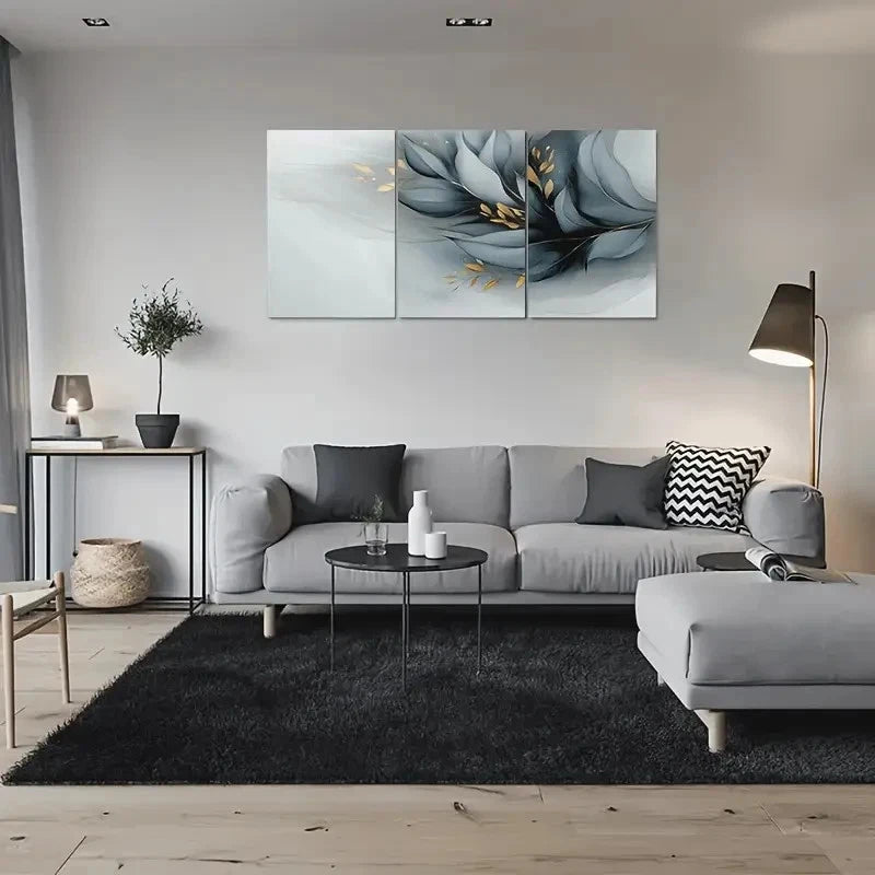 3pcs Minimalist Blue & Golden Floral Metal Print Ready to Hang Art