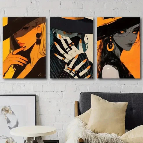 3pcs Mysterious Woman with Orange Nail Perfect Wall Art Canvas Unframed - High Quality Print 100% Australian Made Wall Canvas