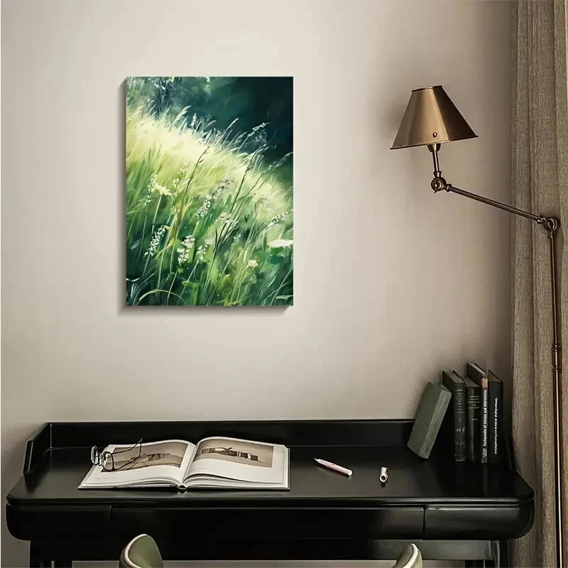 Green Mint Grass Meadow Painting 40x60cm Metal Print Ready to Hang