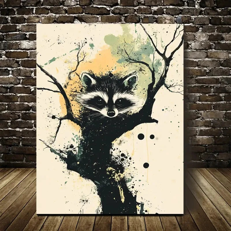Abstract Raccoon in Tree Design Painting 40x60cm Metal Print Ready to Hang