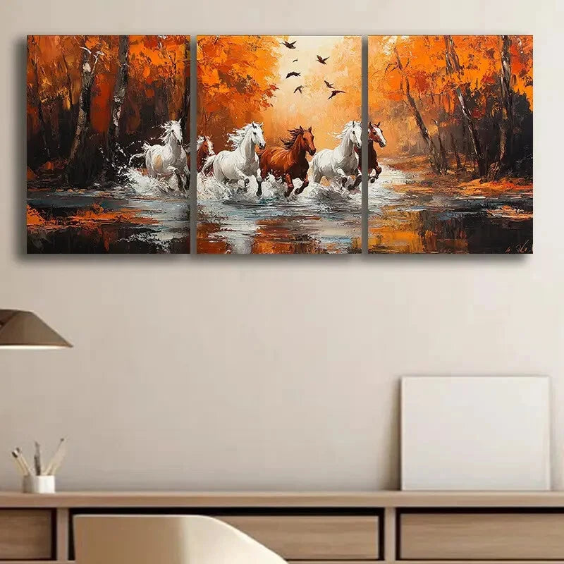 3pcs Running Horses Themed Oil Painting Metal Print Ready to Hang Art