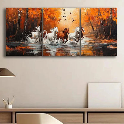 3pcs Running Horses Themed Oil Painting Metal Print Ready to Hang Art