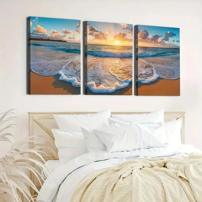 3pcs Featuring Beach Waves And Sunrise Perfect Wall Art Set Canvas Framed 40x60cm - High Quality Print 100% Australian Made Wall Canvas Ready to Hang