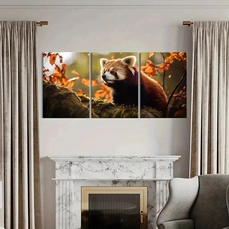 3pcs Cute Red Panda on a Red Leaved Tree Wall Art Set Canvas Framed 40x60cm - High Quality Print 100% Australian Made Wall Canvas Ready to Hang