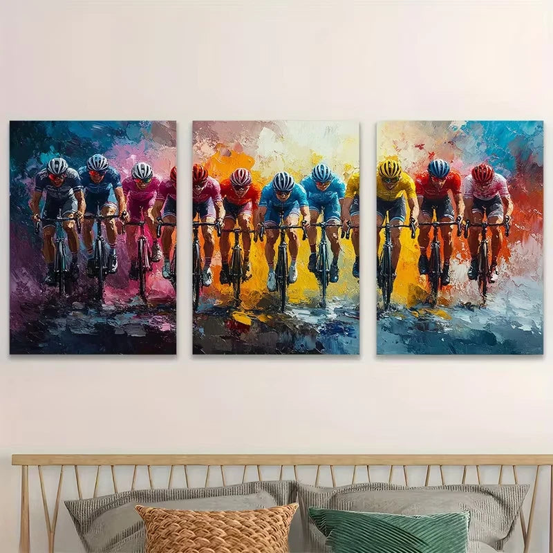 3pcs Colorful Cycling Race Painting Metal Print Ready to Hang Art