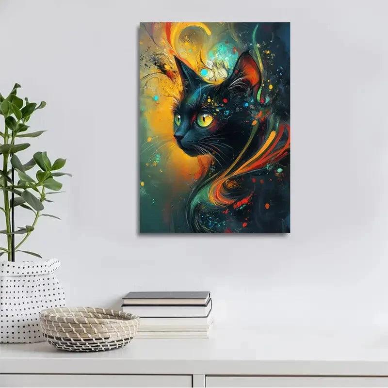 Abstract Art Merry Black Cat Painting 40x60cm Metal Print Ready to Hang