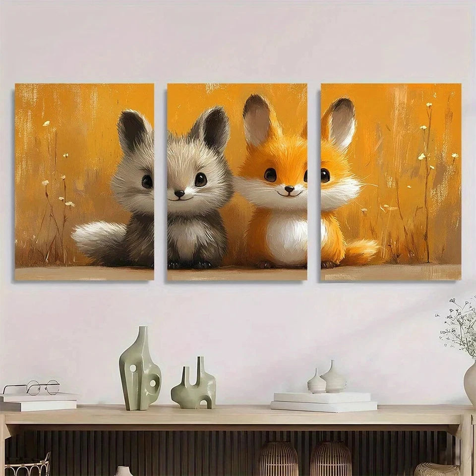 3pcs Cute Fox & Hedgehog Black Eyes Metal Print Ready to Hang Art