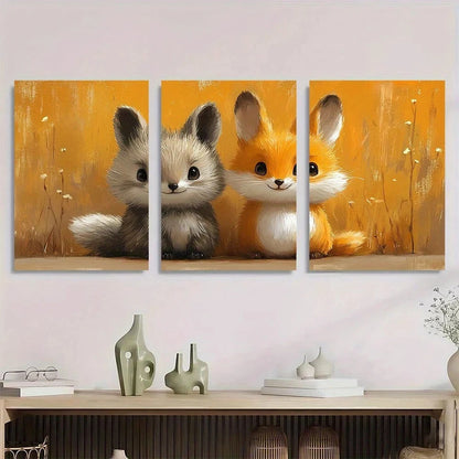 3pcs Cute Fox & Hedgehog Black Eyes Metal Print Ready to Hang Art