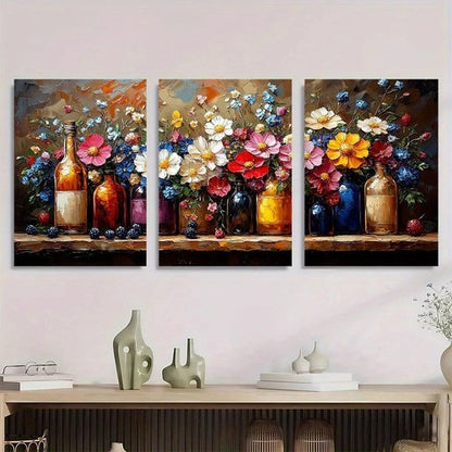 3pcs Bottles with Colorful Flowers Metal Print Ready to Hang Art