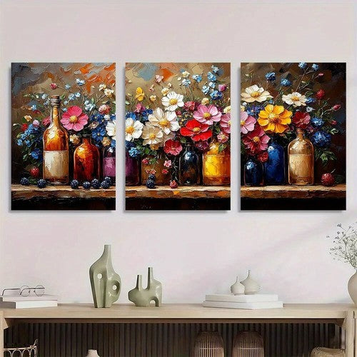 3pcs Bottles with Colorful Flowers Metal Print Ready to Hang Art