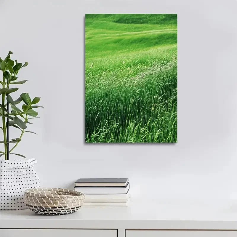 Serene Green Thatch Grass Meadow Painting 40x60cm Metal Print Ready to Hang