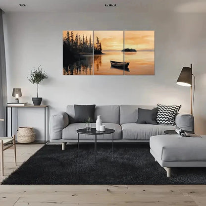 3pcs Sunset Lake Scene with Boat Wall Art Set Canvas Framed 40x60cm - High Quality Print 100% Australian Made Wall Canvas Ready to Hang