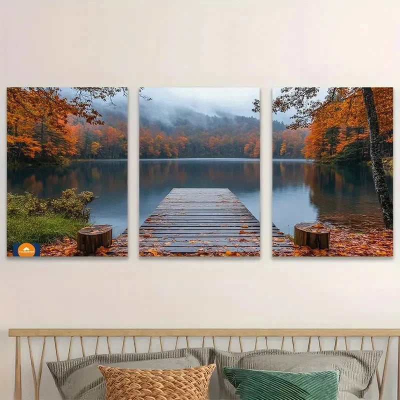 3pcs Autumn Leaves On A Misty Lake Wall Art Set Canvas Framed 40x60cm - High Quality Print 100% Australian Made Wall Canvas Ready to Hang