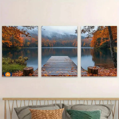 3pcs Autumn Leaves On A Misty Lake Wall Art Set Canvas Framed 40x60cm - High Quality Print 100% Australian Made Wall Canvas Ready to Hang