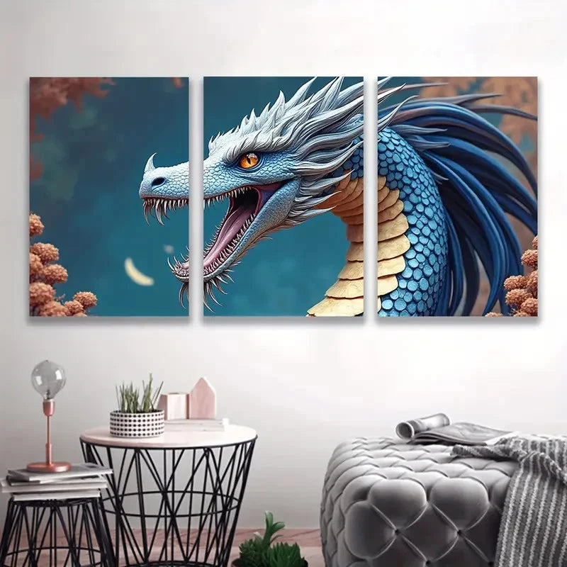 3pcs Smaug Blue And Golden Dragon Wall Art Set Canvas Framed 50x70cm - High Quality Print 100% Australian Made Wall Canvas Ready to Hang