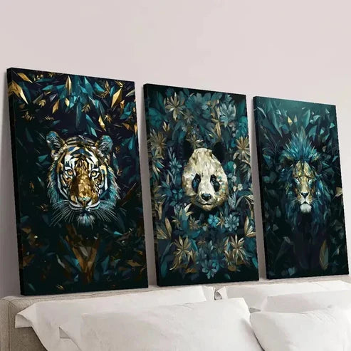 3pcs Blue Geometric Tiger Lion and Giant Panda Wall Art Canvas Unframed - High Quality Print 100% Australian Made Wall Canvas