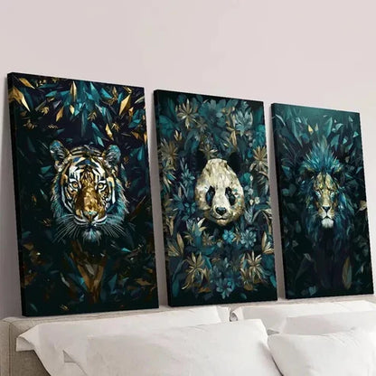 3pcs Blue Geometric Tiger Lion and Giant Panda Wall Art Canvas Unframed - High Quality Print 100% Australian Made Wall Canvas
