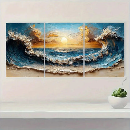 3pcs Beach Wave Oil Painting Abstract Wall Art Set Canvas Framed 50x70cm - High Quality Print 100% Australian Made Wall Canvas Ready to Hang