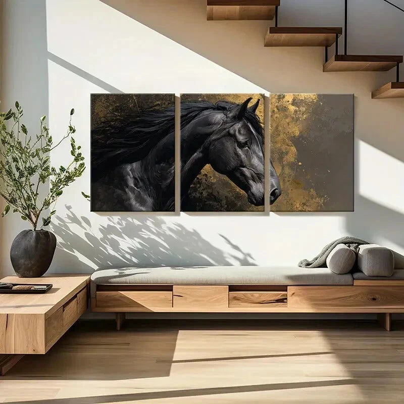 3pcs Black Horse Art Abstract Design Golden Metal Print Ready to Hang Art