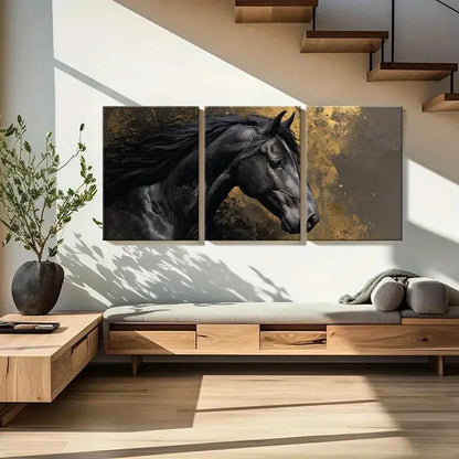 3pcs Black Horse Art Abstract Design Golden Metal Print Ready to Hang Art