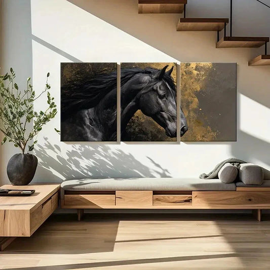 3pcs Black Horse Art Abstract Design Golden Metal Print Ready to Hang Art