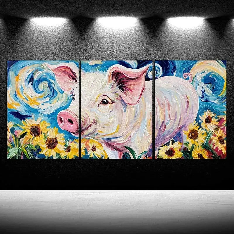 3pcs Pigs in The Fields Colourful Oil Painting Metal Print Ready to Hang Art