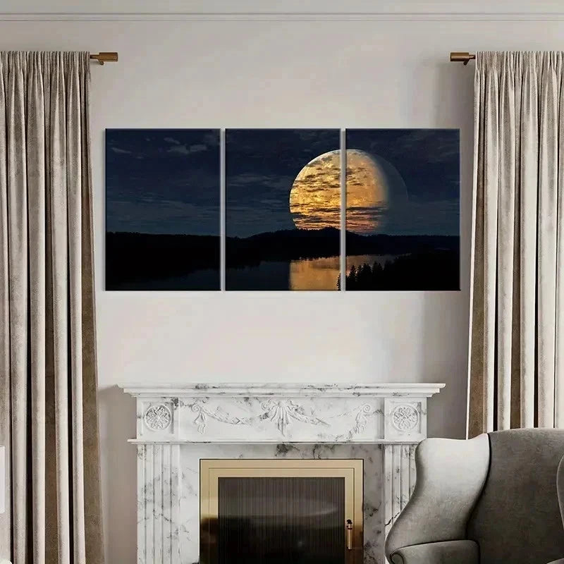 3pcs Night Scene Full Moon Modern Wall Art Set Canvas Framed 40x60cm - High Quality Print 100% Australian Made Wall Canvas Ready to Hang