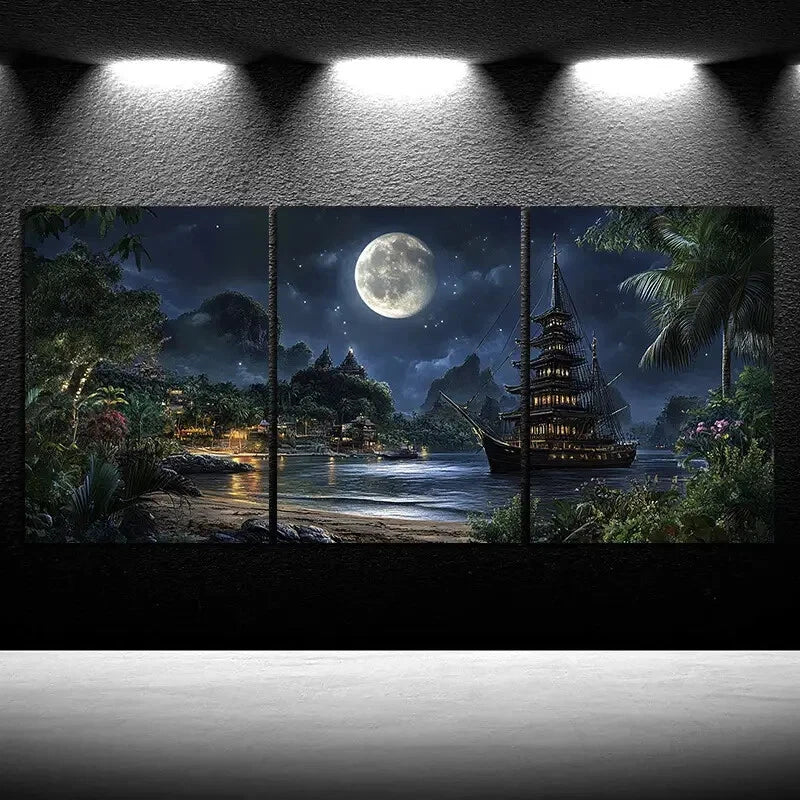 3pcs Ancient Pagoda Under The Moonlight Metal Print Ready to Hang Art