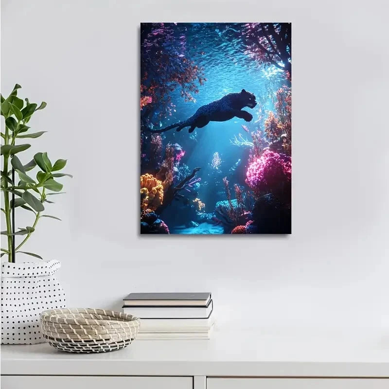 Hyper Realistic Panther Swinging in Coral Painting 40x60cm Metal Print Ready to Hang