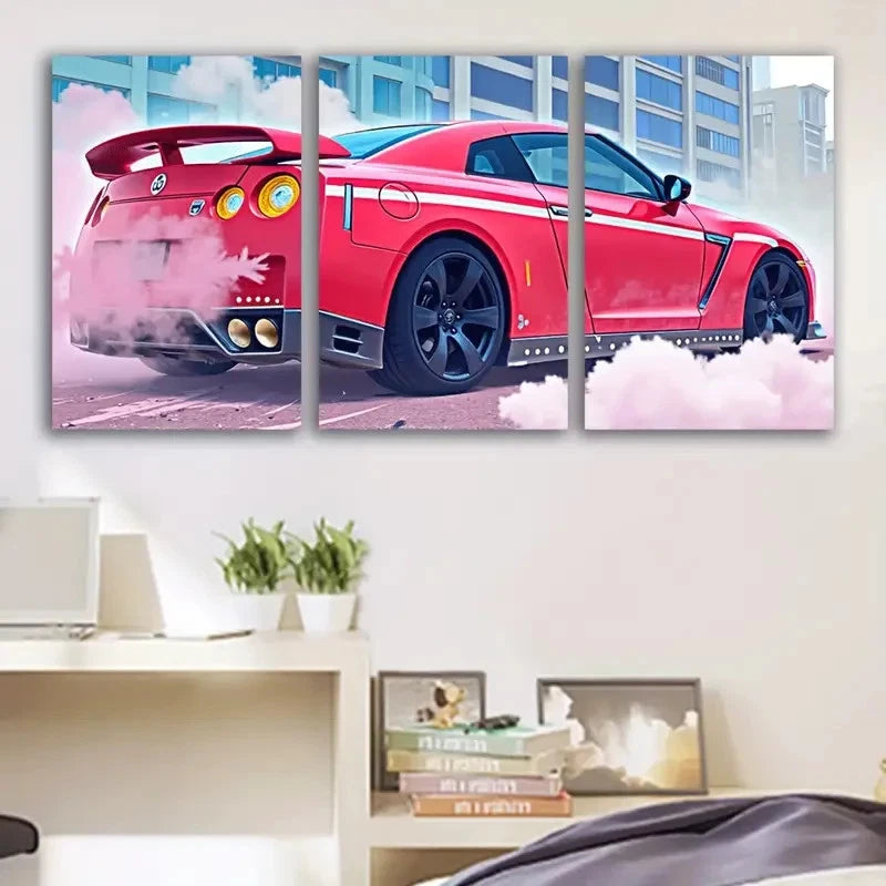 3pcs Red Sports Car With Smoke And Cityscape Wall Art Set Canvas Framed 60x90cm - High Quality Print 100% Australian Made Wall Canvas Ready to Hang