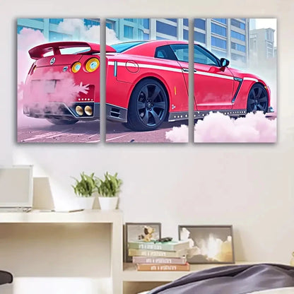 3pcs Red Sports Car With Smoke And Cityscape Wall Art Set Canvas Framed 60x90cm - High Quality Print 100% Australian Made Wall Canvas Ready to Hang