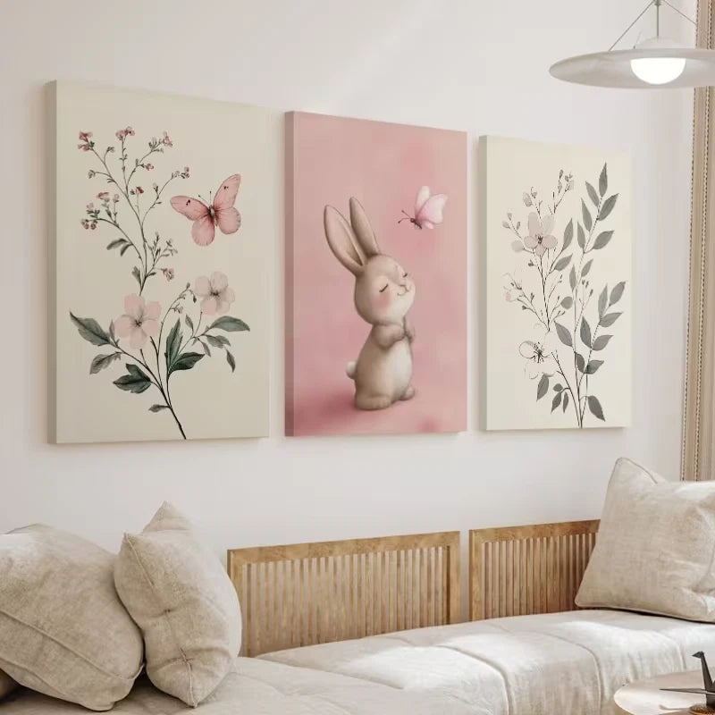 3pcs Bunnies and Butterflies Paintings Wall Art Set Canvas Framed 60x90cm – High Quality Print, 100% Australian Made, Ready to Hang