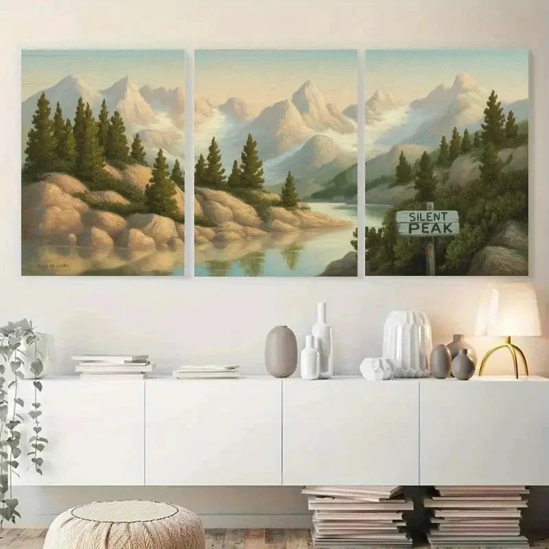 3pcs Pine Trees & Mountain Peaks Landscape Metal Print Ready to Hang Art