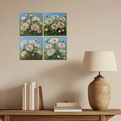 4pcs White Flower Bouquet Wall Art Canvas Framed