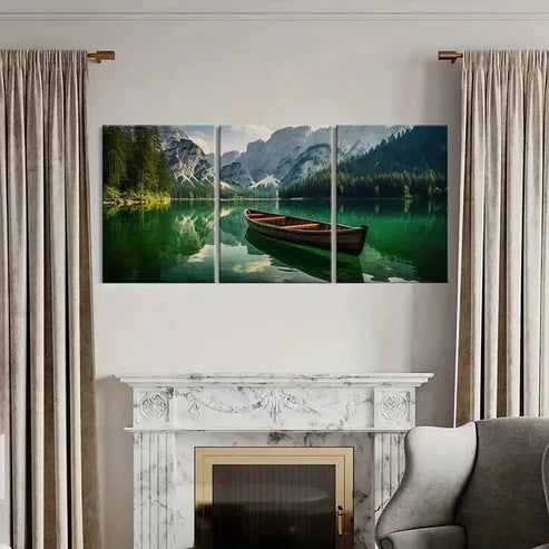 3pcs Green Tranquil Lake Scene with Boat Wall Art Canvas Unframed - High Quality Print 100% Australian Made Wall Canvas