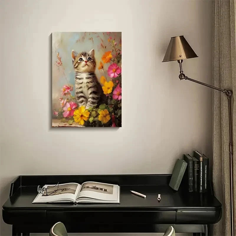 Cute American Shorthair Kitten with Flowers & Plants  40x60cm Metal Print Ready to Hang