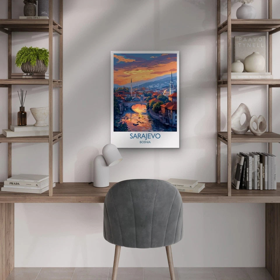 Sarajevo Bosnia Iconic Sunset Cityscape Travel Poster Print Wall Art