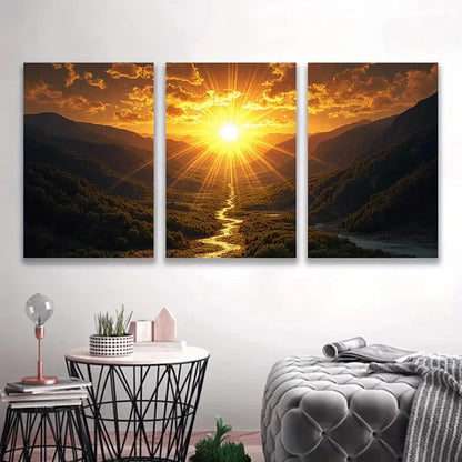 3pcs Sunset Mountain River Nature Scenes E Wall Art Set Canvas Framed 50x70cm - High Quality Print 100% Australian Made Wall Canvas Ready to Hang
