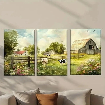 3pcs Farm with a Cow And Barn Painting Wall Art Set Canvas Framed 40x60cm - High Quality Print 100% Australian Made Wall Canvas Ready to Hang