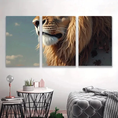 3pcs Majestic Lion Head in Sunset Hues Wall Art Set Canvas Framed 50x70cm - High Quality Print 100% Australian Made Wall Canvas Ready to Hang