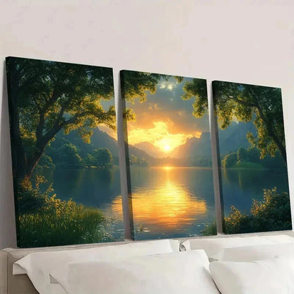 3pcs Serene Shire Sunrise & Calm Waters Scene Wall Art Set Canvas Framed 40x60cm - High Quality Print 100% Australian Made Wall Canvas Ready to Hang