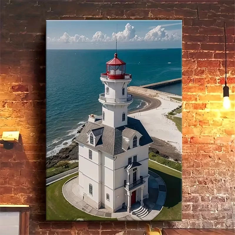 Ocean View Lighthouse with Red Roof 60x90cm Metal Print Ready to Hang