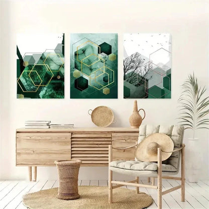 3pcs Geometric Abstract Green Copper Perfect Wall Art Set Canvas Framed 40x60cm - High Quality Print 100% Australian Made Wall Canvas Ready to Hang