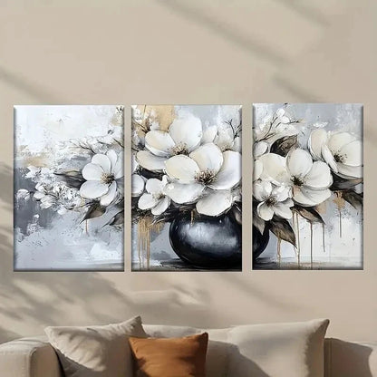 3pcs Elegant White Flowers in Black Vase Wall Art Set Canvas Framed 40x60cm - High Quality Print 100% Australian Made Wall Canvas Ready to Hang