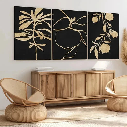 3pcs Abstract Golden Botanical Typography Black Wall Art Set Canvas Unframed - High Quality Print 100% Australian Made Wall Canvas