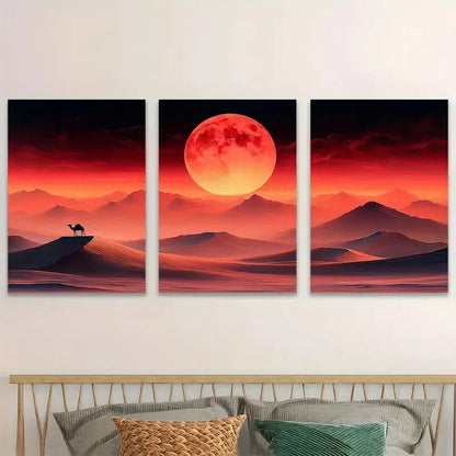 3pcs Desert Sunset Scenery Sand Dunes Camel Metal Print Ready to Hang Art